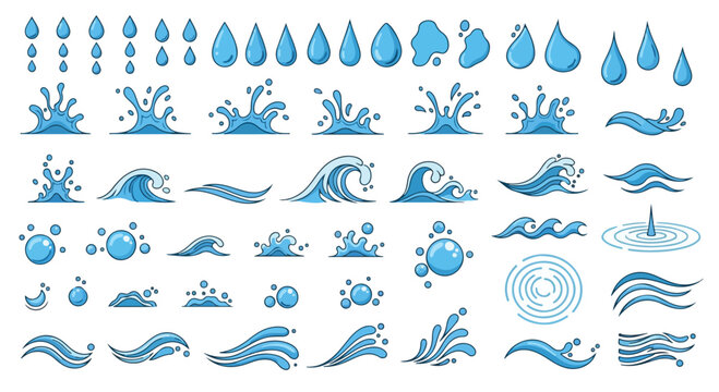 Set of 50 Blue Water Drops, Splashes, and Waves Vector Illustrations