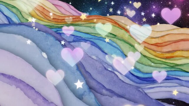 Abstract rainbow pride background with watercolor textures, glowing hearts, and magical stars.