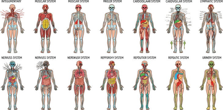 Human anatomy systems vector set featuring muscular skeletal nervous and cardiovascular diagrams for medical education design