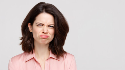 Obraz premium Young brunette woman in pink shirt making skeptical disgusted grimace with furrowed brow and pouting lip against grey background. Expressive portrait conveying doubt, disapproval and irony.