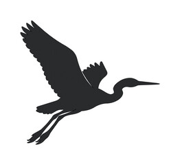 Fototapeta premium Elegant flying heron silhouette, graceful wading bird vector graphic, black crane icon for nature and wildlife designs, isolated avian symbol.