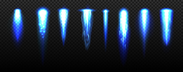 Rocket launch blue fire flame trails, flame shapes range from narrow beam to wide burst. Glowing flames create a powerful sense of speed and energy. Spaceship vector launch effect © Vector Tradition