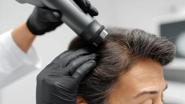 Dermatologist in black gloves examining patient scalp with trichoscope device. Hair loss diagnosis, alopecia treatment, trichology clinic consultation and scalp analysis medical concept.