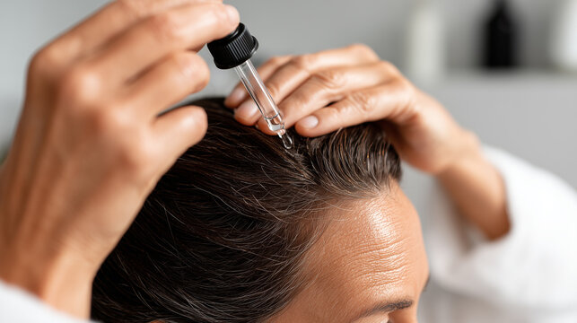 Hands applying therapeutic serum with dropper directly to scalp parting on thinning hair. Alopecia treatment, hair loss recovery, trichology scalp care and follicle growth concept.