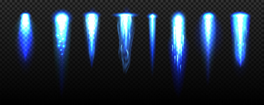 Rocket launch blue fire flame trails, flame shapes range from narrow beam to wide burst. Glowing flames create a powerful sense of speed and energy. Spaceship vector launch effect