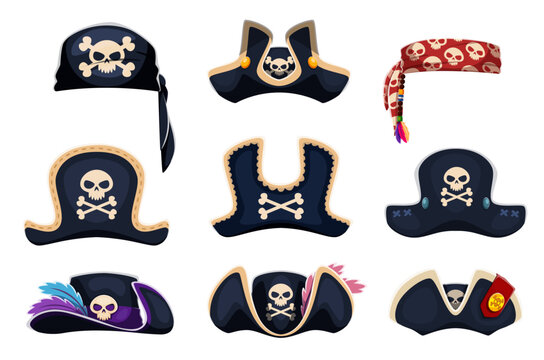 Pirate tricorn, corsair captain hats and sailor bandana, vector black tricorns with skulls and crossbones. Red skull patterned bandana, hats adorned with feathers and gold edges. Pirate headwear hats