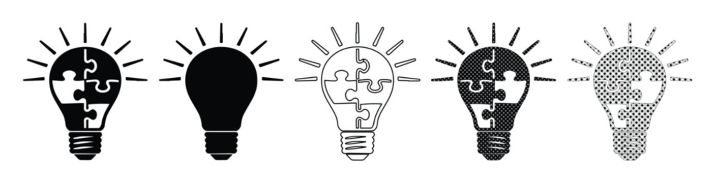 Creative lightbulb puzzle vector icon set, black and white idea symbol collection for problem-solving, innovation, and business strategy concepts, versatile graphic resource for web and print