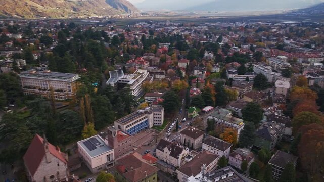 Aerial drone view of Parco delle Terme in Merano , Italy .