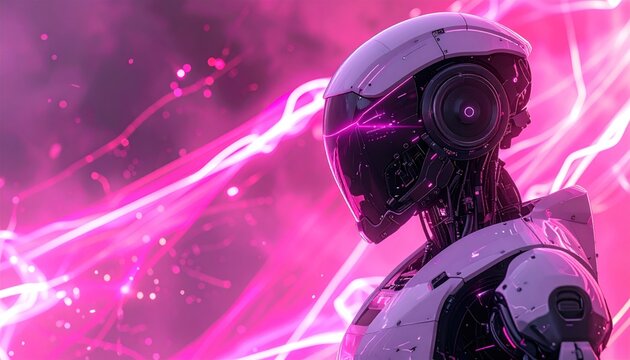 Futuristic Robot in Neon Pink Light with Abstract Energy Waves and Cybernetic Details.