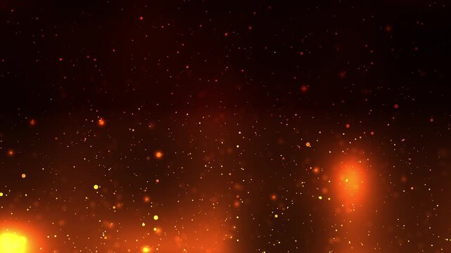 Fiery orange particles glowing in dark space, abstract hot dust with bright flare, cinematic background with depth, smooth motion and intense warm energy effect.