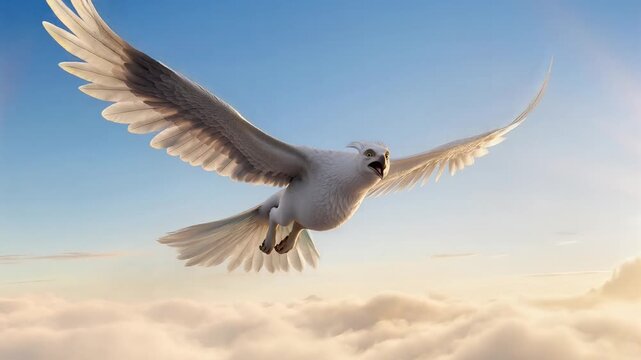 A Majestic White Owl Soars Gracefully Through Soft Clouds in a Blue Sky