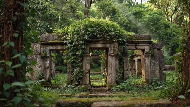 Ancient stone ruins reclaimed by lush forest overgrowth