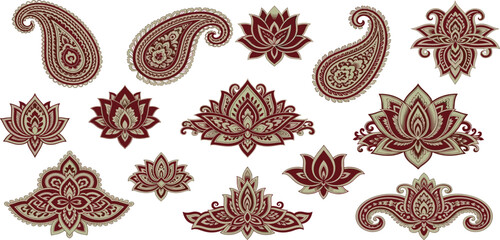 Vintage paisley and lotus flower ornament vector set featuring ethnic floral motifs for luxury textile design © MstRuna