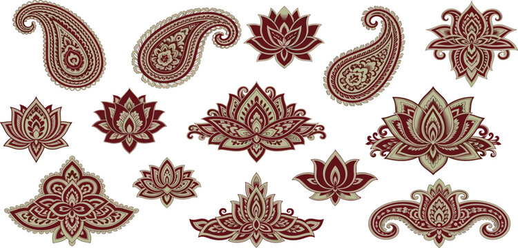 Vintage paisley and lotus flower ornament vector set featuring ethnic floral motifs for luxury textile design