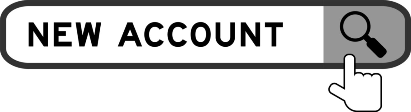 Search banner in word new account with hand over magnifier icon on white background