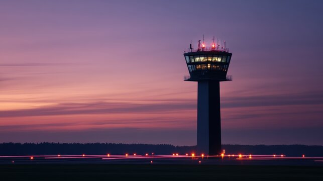 Air traffic control tower at dusk busy airport photography urban environment captured from ground level night lights and activity