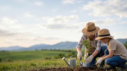 Fototapeta premium Mother and son planting a tree in the garden gardening activities environmental awareness nature conservation family bonding outdoor hobbies springtime activity