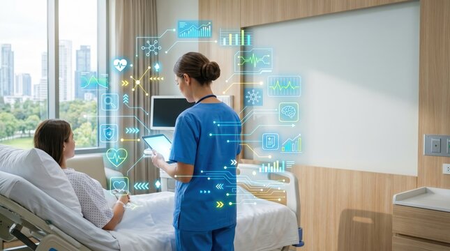 Future medical technology digital health monitoring system smart hospital room nurse using tablet device to track patient vitals holography display artificial intelligence in