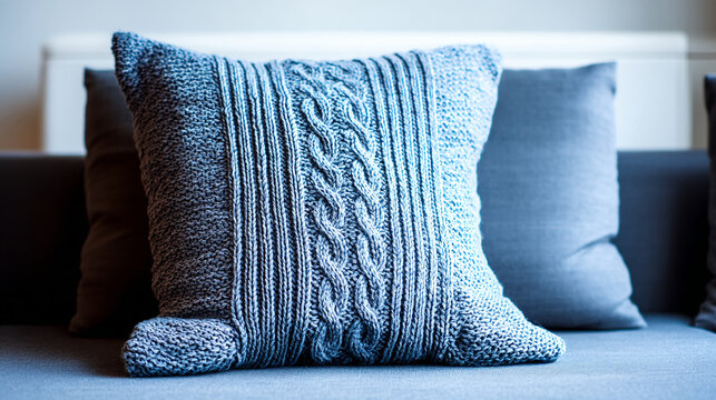 Blue knitted cushion with cable knit pattern on sofa living room home decor throw pillow