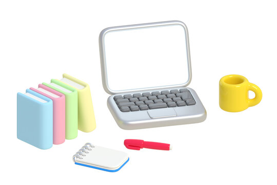 在宅ワーク用アイテムの3Dイラスト透過素材 ノートパソコンとマグカップ、本、ペン、メモ帳