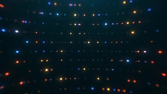 Glowing multicolor dots arranged in grid, abstract digital background with soft light, depth and calm motion, futuristic pattern with subtle vibrant energy effect.