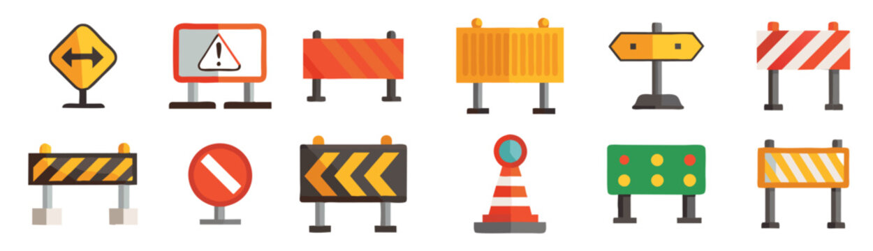 Road block and pedestrian barrier editable stroke thin linear outline icons set isolated on white background flat ,vector illustration.