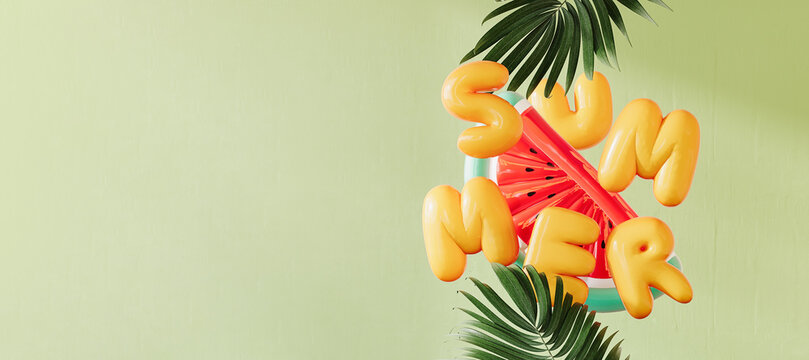 Summer concept with inflatable watermelon and yellow summer text on mint green background with copy space. 3D Rendering, 3D Illustration
