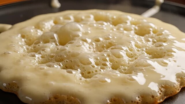 Closeup of pancake batter cooking on a griddle with bubbles forming.