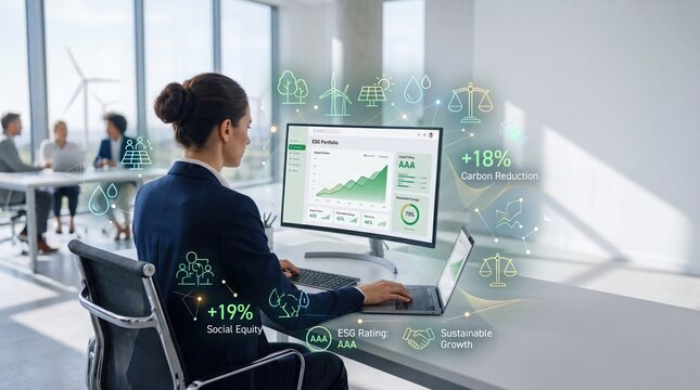Businesswoman analyzing ESG portfolio on computer screen corporate sustainability report environmental social governance data carbon reduction metrics green finance chart economic