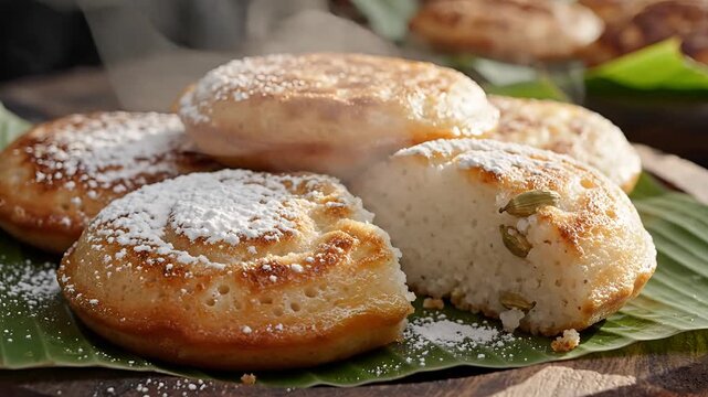 Delicious Baked Goods Sprinkled with Powdered Sugar on Banana Leaves.