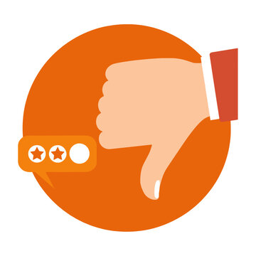Vector graphic of a hand giving a thumbs down with a rating bubble