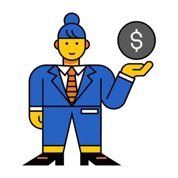 Vector of a smiling businesswoman in a blue suit holding a dollar coin.