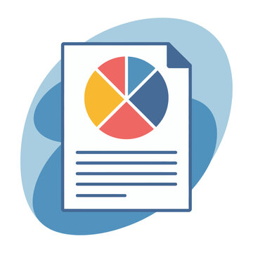 Vector graphic of a colorful pie chart on a document with lines, representing business data analysis and statistics.