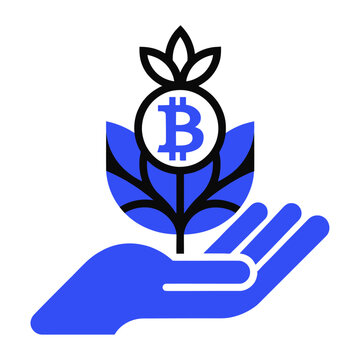 Vector of a hand holding a plant with a bitcoin symbol in a modern and vibrant cryptocurrency concept.