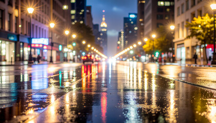 Fototapeta premium Rainy night city avenue with glowing reflections.