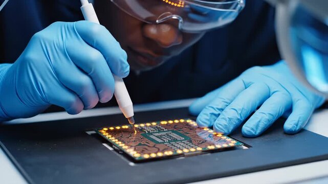 Technician repairs semiconductor microchip with soldering tool in laboratory. Engineer works on chip repair with tool. Worker solders microprocessor chip. Technician repairs electronic chip component