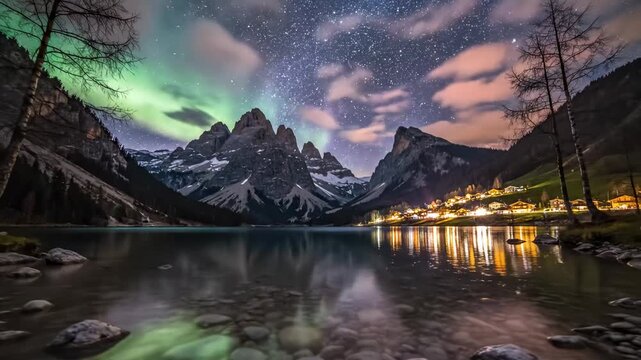 Majestic mountain peaks under a starry night sky with a split view of underwater pebbles in a clear lake.