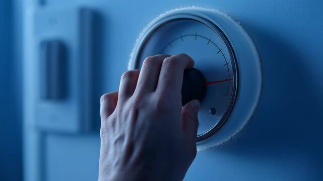 Close Up Of Hand Adjusting A Home Thermostat Dial For Temperature Control