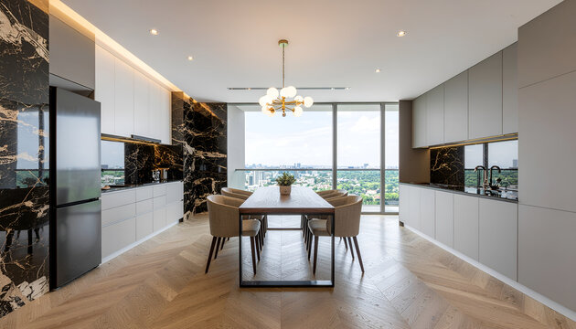 Contemporary open plan kitchen diner with panoramic windows and herringbone floor.