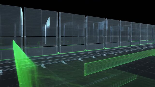 Futuristic digital tunnel of glowing panels and lines.