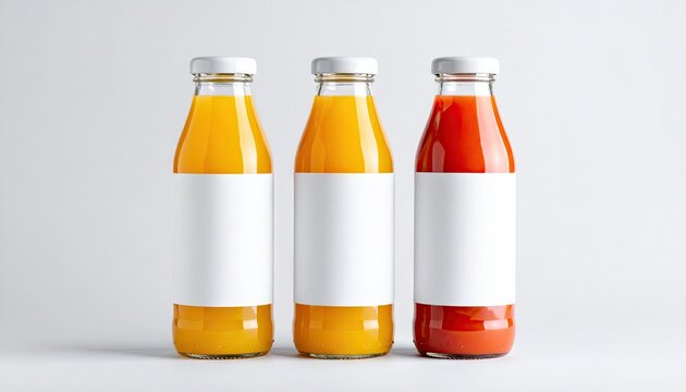 Three Glass Bottles of Fresh Juice with Blank Labels.