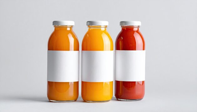 Three Glass Bottles of Fresh Juice with Blank Labels.