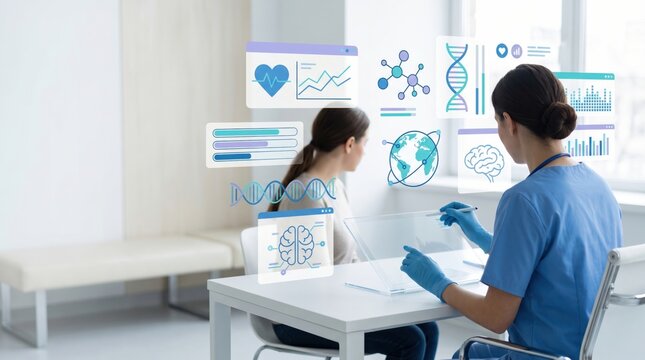 Future healthcare technology doctor analyzing medical data holographic interface with patient digital health records brain scan dna structure molecular modeling heart rate monitor