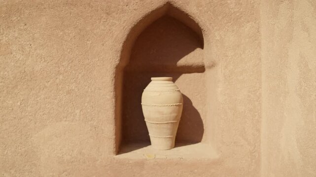 Slow Motion Traditional Omani Clay Pottery, Cinematic Detail of Handmade Vases at Nakhal Fort in Oman