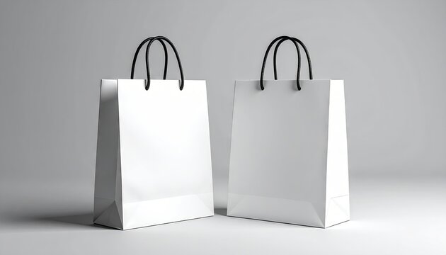 Two White Paper Shopping Bags with Black Handles on a Light Gray Background.