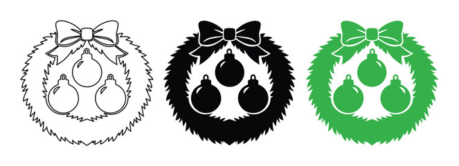 Fototapeta premium Festive Christmas Wreath Vector Set, Holiday Garland with Ornaments and Bow, Seasonal Decoration Graphic Resource for Winter Celebrations, Black, Green, and Outline Styles