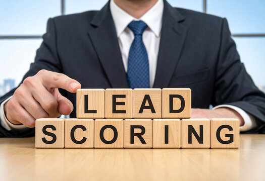 Lead scoring - Geschäftsmann zeigt auf das Wort "Lead scoring"