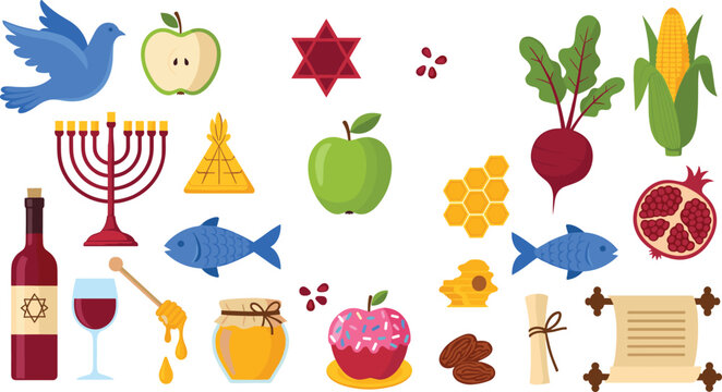 Jewish Holiday Symbols Set with Rosh Hashanah and Hanukkah Icons for Traditional Cultural Vector Illustration.