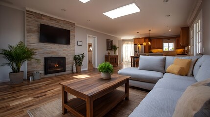 Naklejka premium A bright and spacious contemporary living room featuring modern furniture warm natural wood accents and a cozy fireplace setting