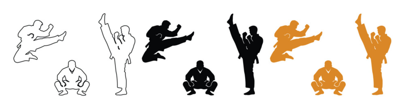 Dynamic martial arts vector silhouettes, karate and taekwondo fighters in action poses. Black and orange sports figures, combat training, self-defense, and fitness icons.